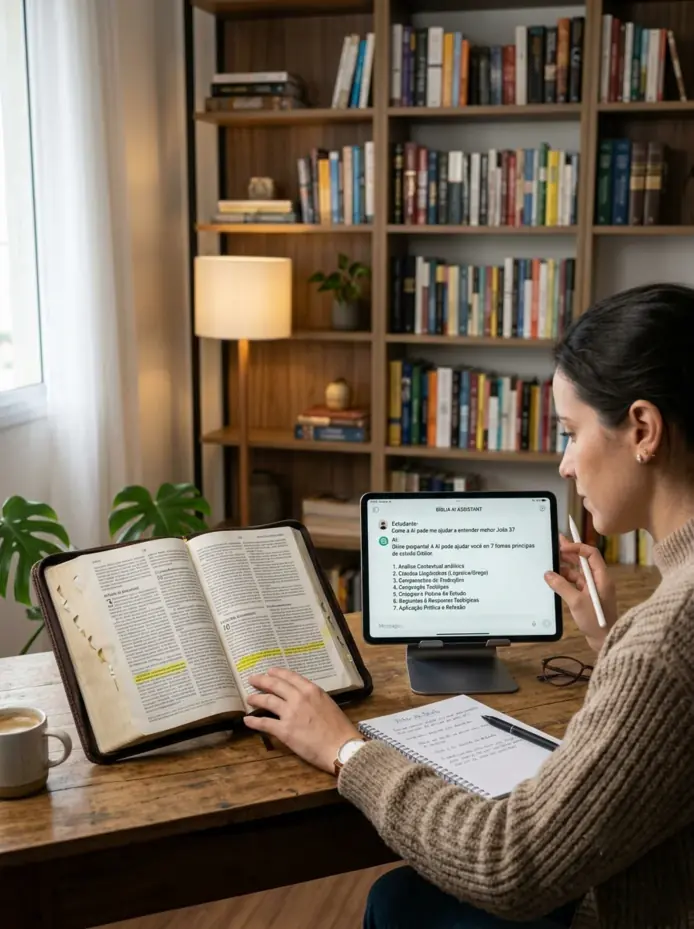 A woman reading an open Bible next to a tablet