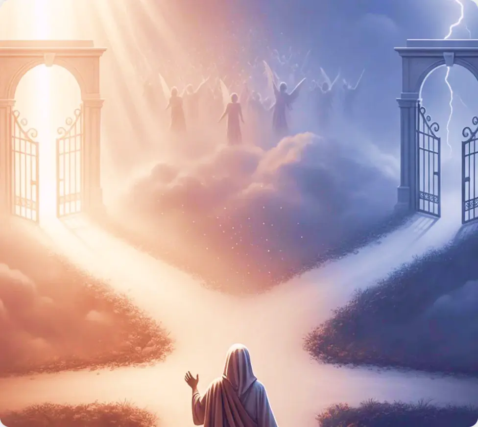 A figure standing before two gates