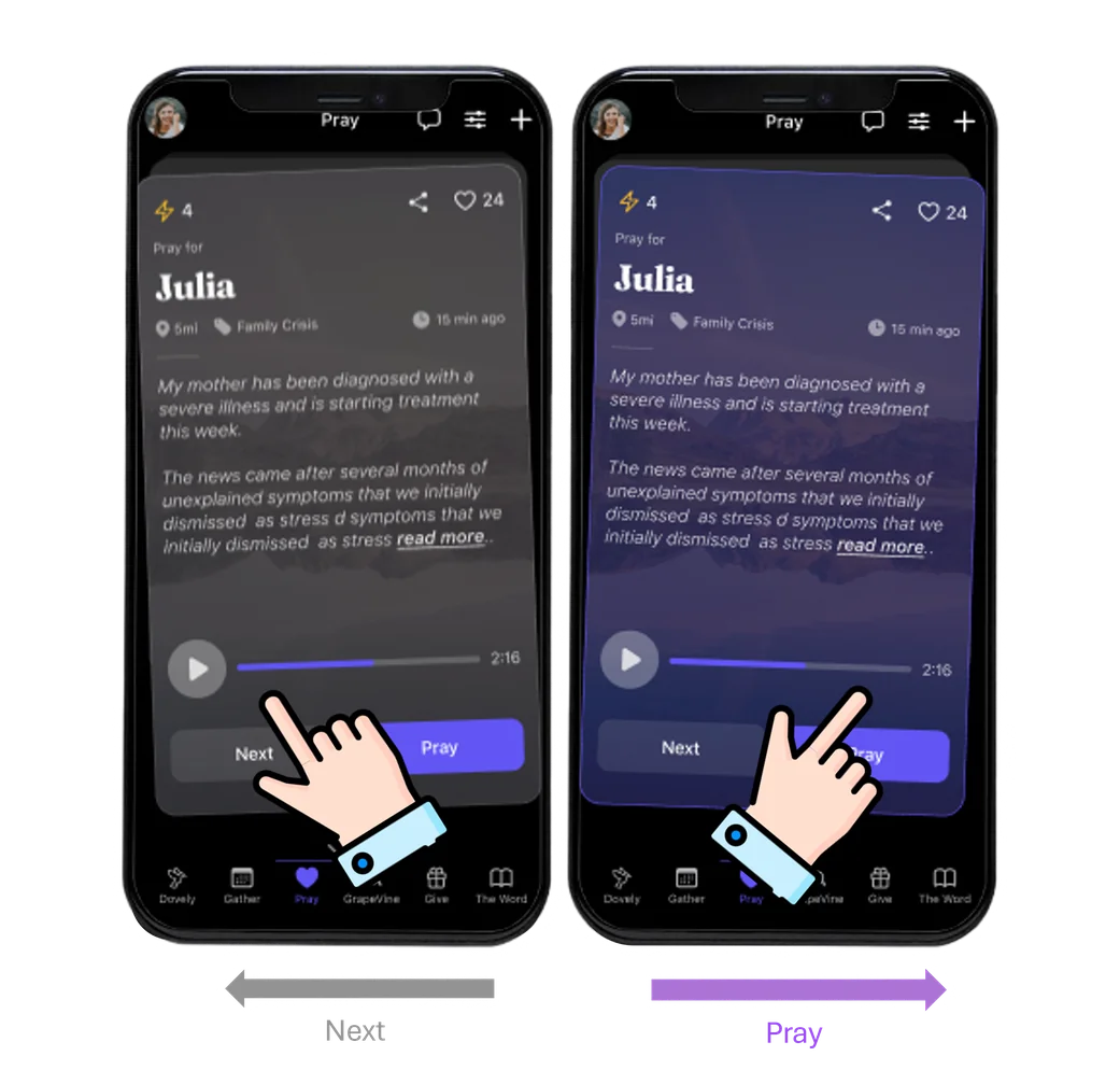 Prayer swipe interface